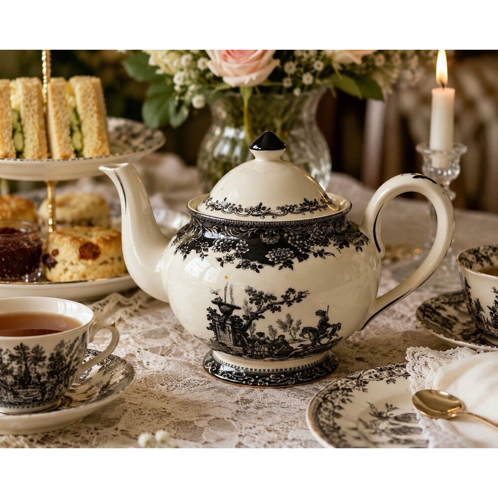 burton + Burton Black Toile Porcelain 2006 Tea Pot Victorian Garden
